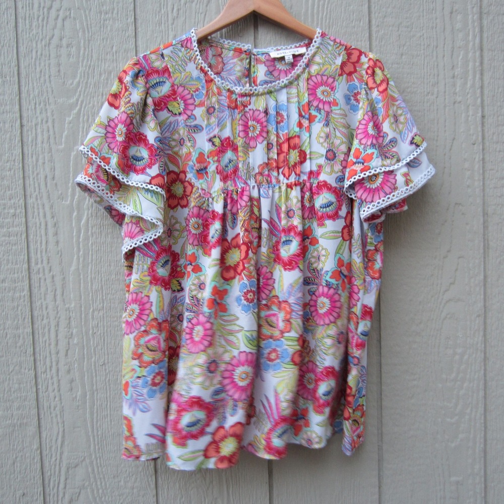 Rose +Olive shirt womens Plus size 1X Floral Lace Trim Flutter Sleeve Fairy boho